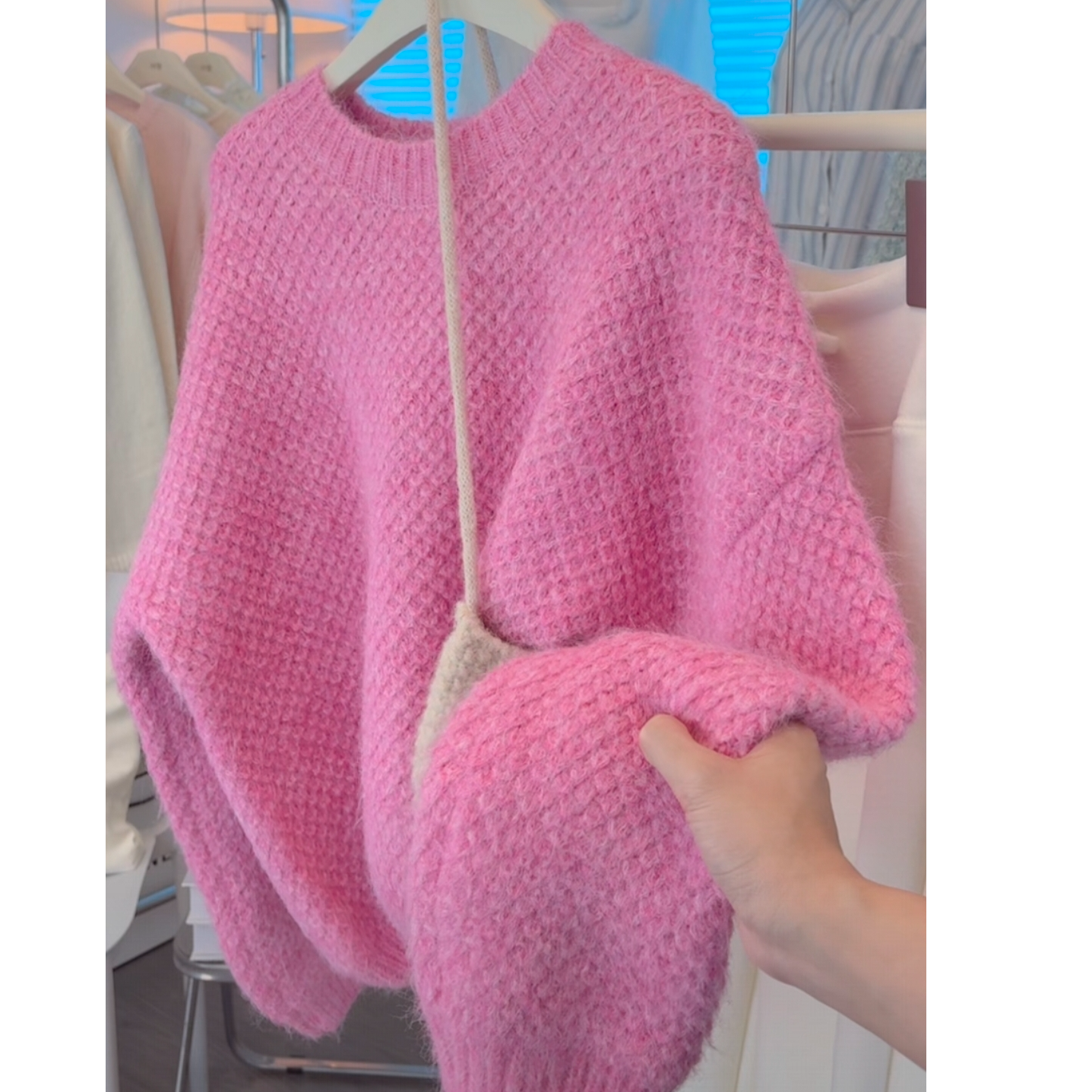 粉色甜美温柔风软糯加厚毛衣女秋冬小众别致设计感菠萝纹针织上衣