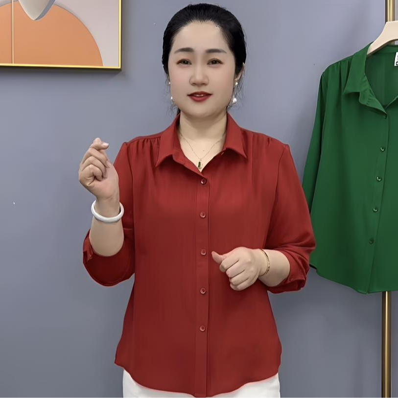 早秋新款时尚洋气百搭显瘦中年妈妈装宽松显瘦长袖衬衣516款