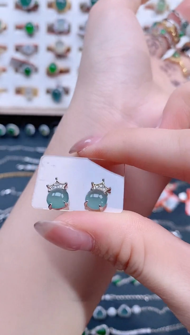 翡翠银S925镶嵌耳饰天然翡翠