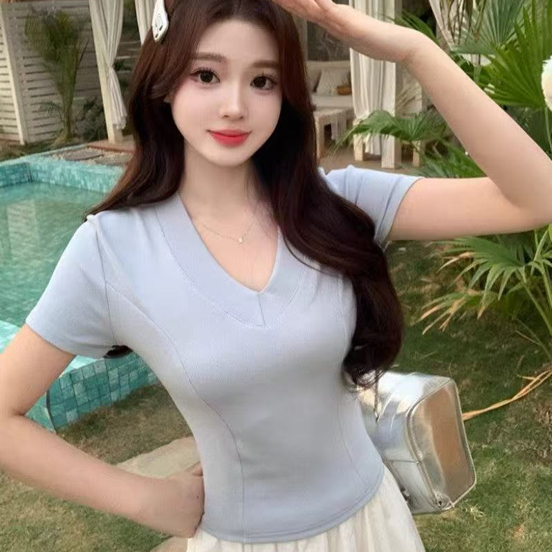9001#新款V领韩版纯色正肩短袖T恤女