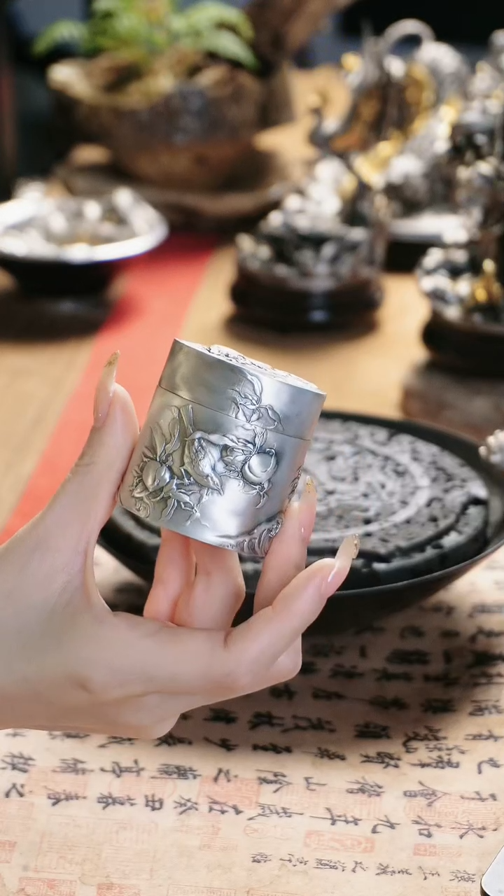 【闪购商品】纯银寿桃锦鲤茶叶罐
