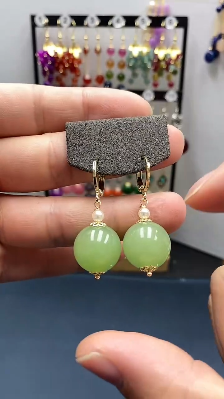 【闪购商品】和田玉耳饰银S925镀金镶嵌尺寸16mm耳扣33