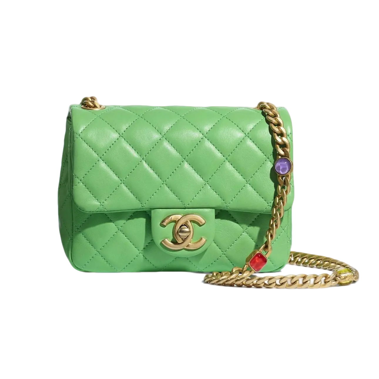99新 Chanel/香奈儿 牛油果绿彩宝链条方胖子21年芯片款