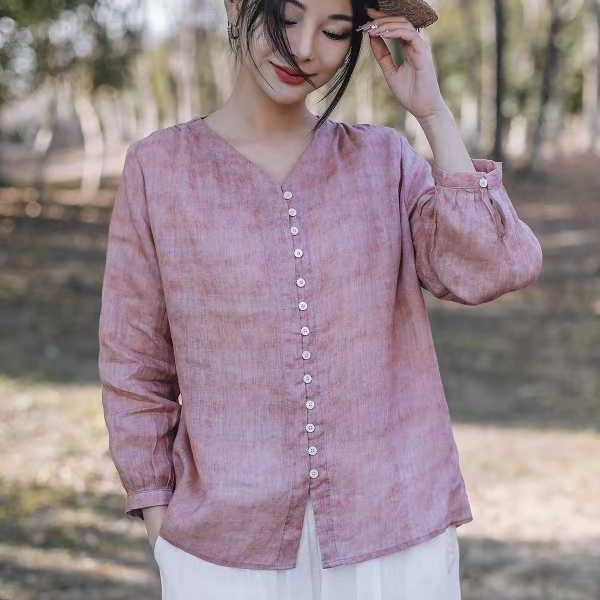 100%苎麻衬衣女2025春季新款V领九分袖气质衬衫纯色薄款休闲小衫
