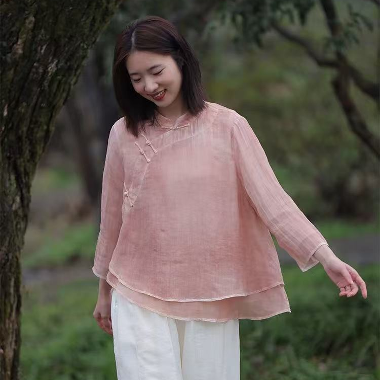 慢慢变蓝S6768舒适透气轻薄苎麻中式斜襟上衣双层错落下摆喷染