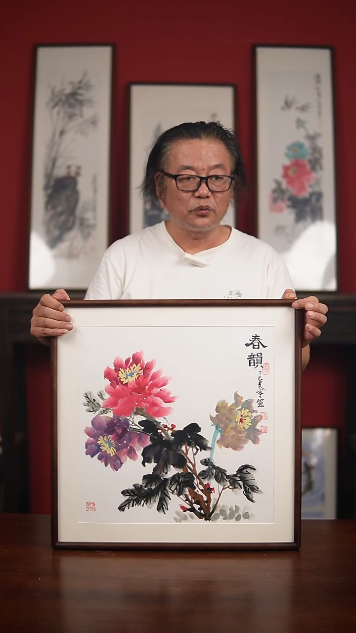 国画手绘-52*52实木框夏寒作品