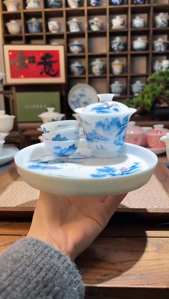 【闪购商品】手绘山水高足盖碗+3个客杯+山水壶承