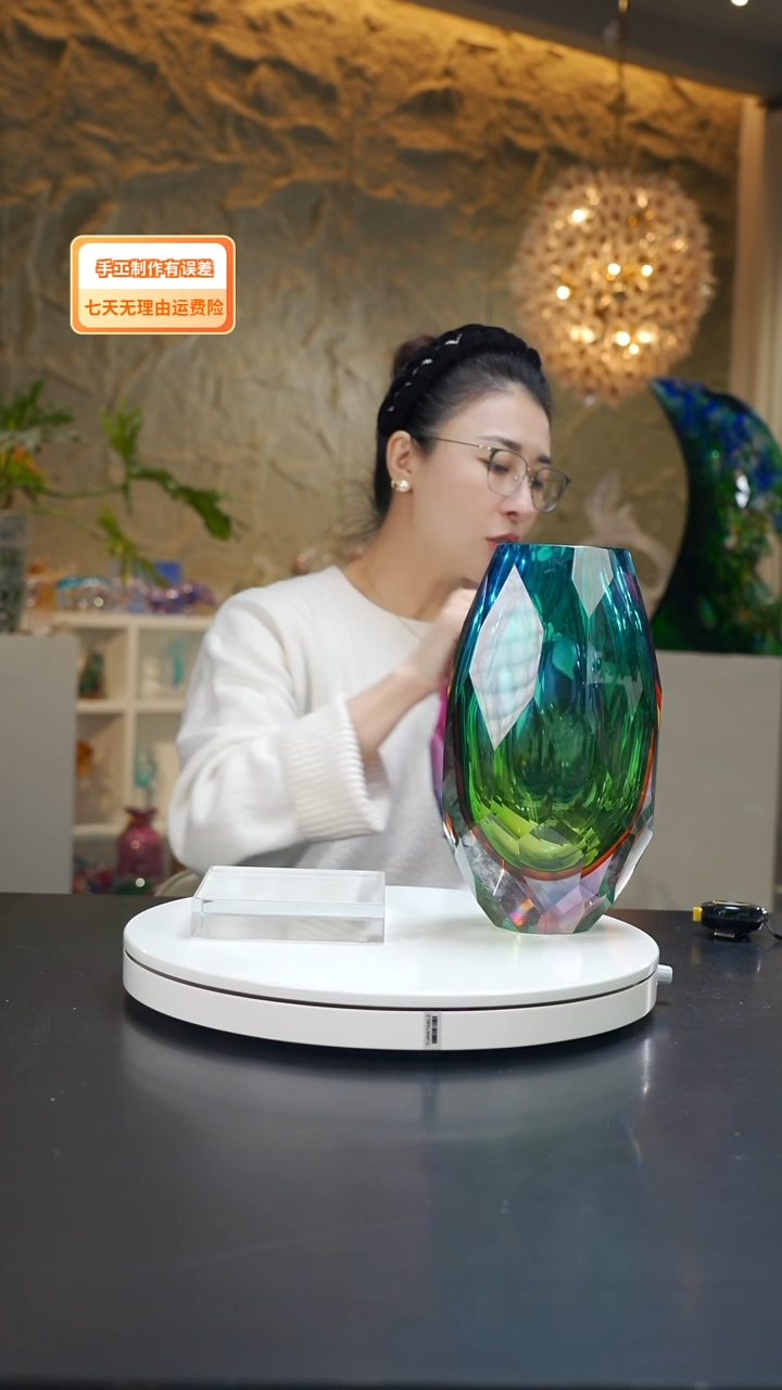 手工艺品琉璃宝石蓝琥珀金扁口花器