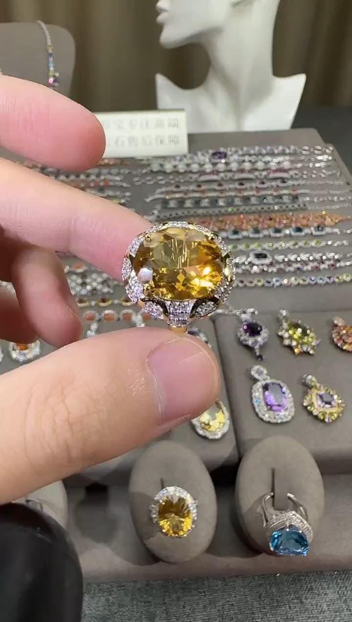 银S925镶嵌戒指黄晶14*12mm戒指高级款