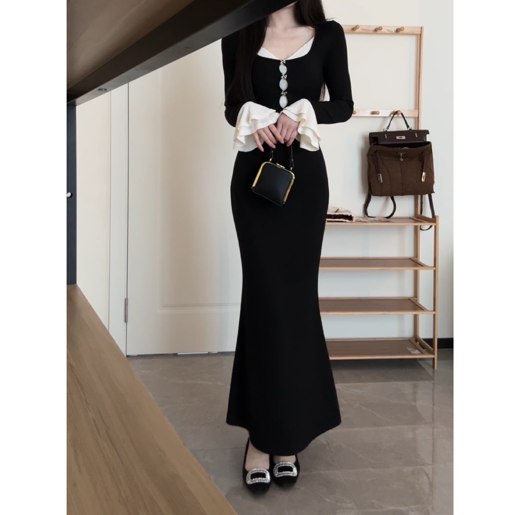 【玫瑰庄园】早秋新款法式赫本风蕾丝拼接假两件收腰连衣裙XY-232