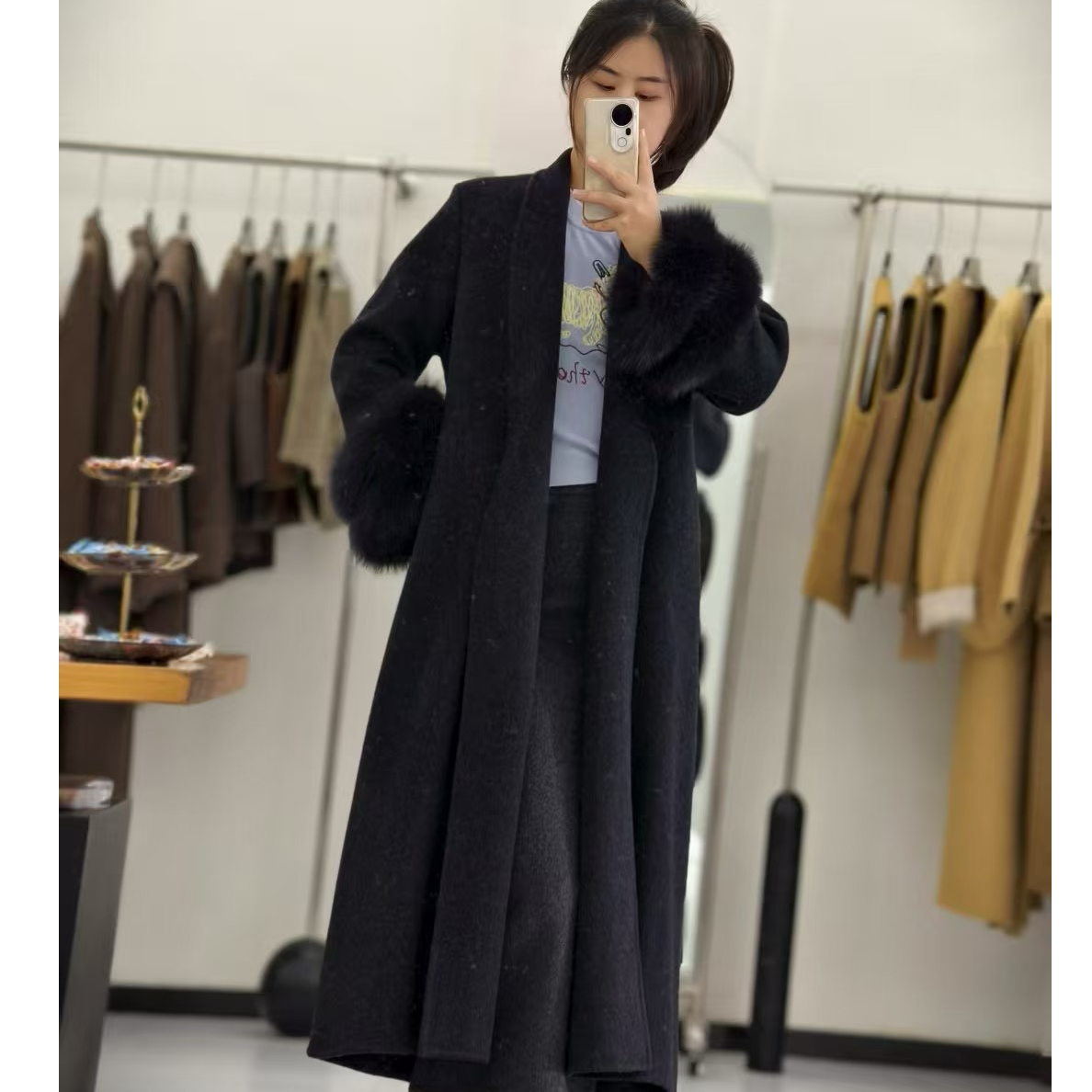 新款加长毛毛袖双面呢大衣时尚设计师设计师秋冬百搭气质女士
