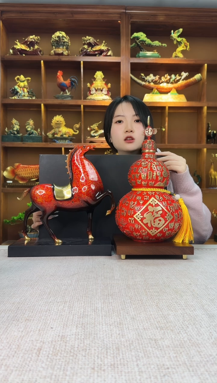 黄铜小*方中号 大漆唐马+中号 百财纳福葫芦 共两件