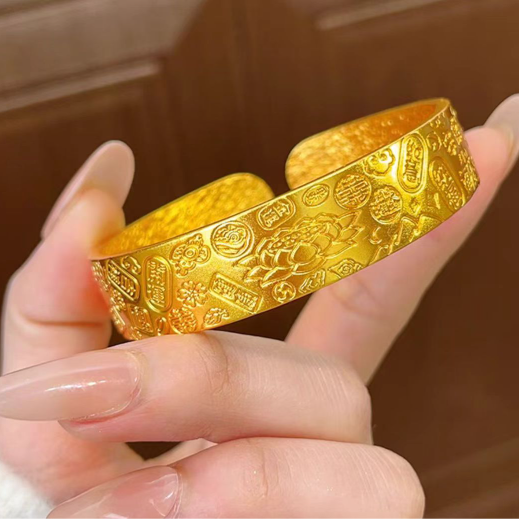 开口宽版吉言手镯饰品莲花八宝开口古法镯子精美可调节