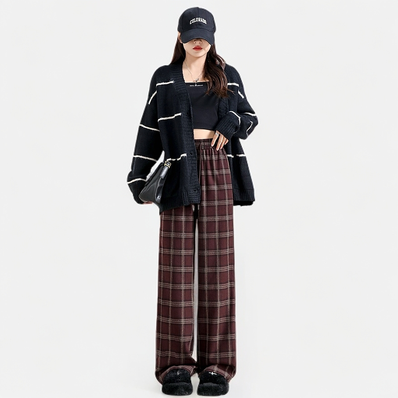 燕苹秋季新款时尚春秋休闲显瘦高腰外穿宽松毛呢直筒格子裤K5105