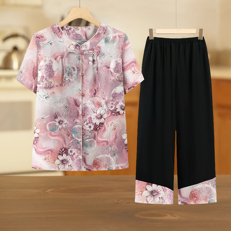 妈妈装女装宽松夏装T恤套装洋气夏季奶奶新款短袖圆领衣服两件套