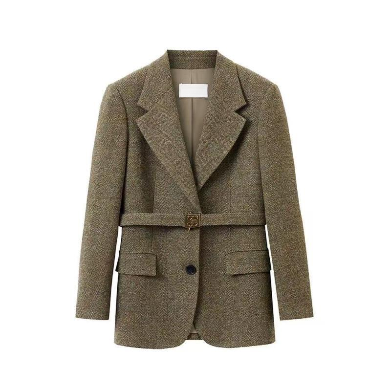 H202冬季新款纯羊毛复古人字纹高智西装外套气质收腰西服