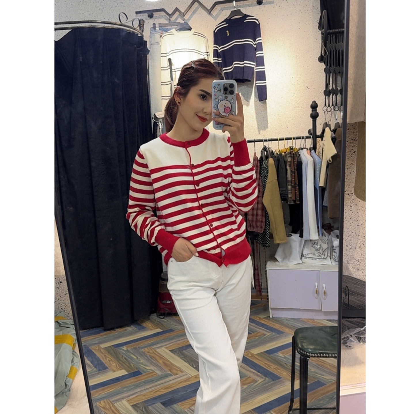 红色条纹针织开衫女秋冬洋气时尚收腰显瘦短款毛衣