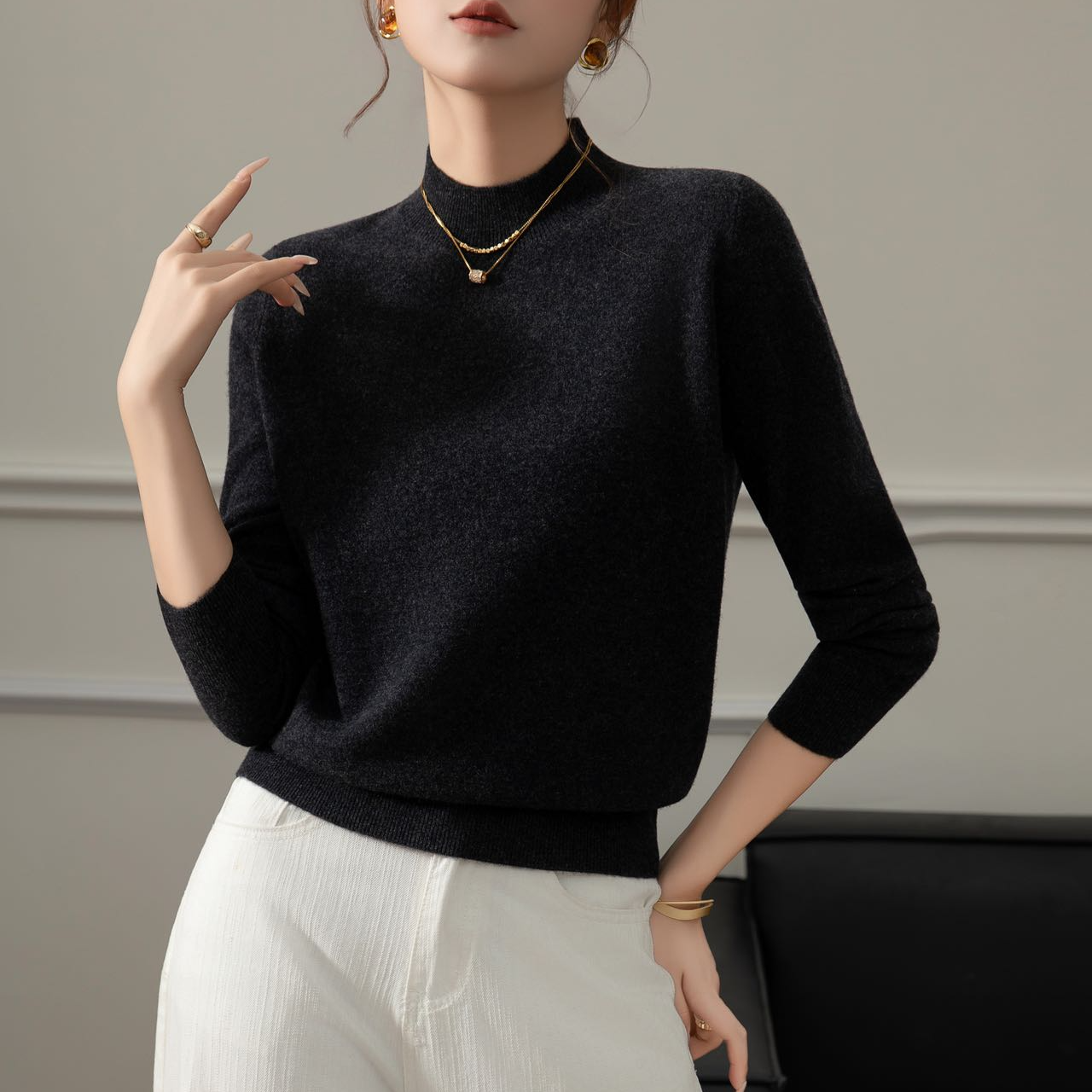 秋冬100%羊毛衫加厚软糯亲肤经典百搭针织衫纯色长袖宽松打底衫女