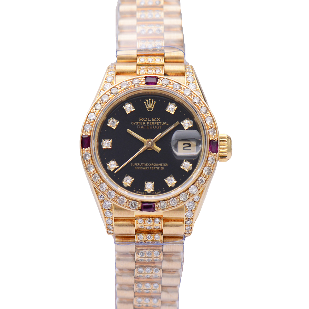 99新 Rolex/劳力士 女装日志型69178黑盘18k黄金26mm自动机械女表