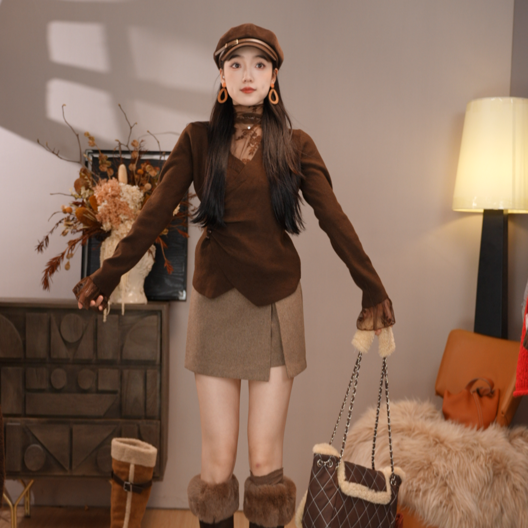 唐乐乐｜25new秋冬新款V领复古懒惰风显瘦时尚上衣 BF2377