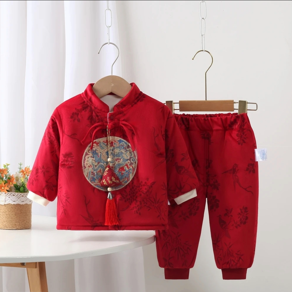 JBL婴儿宝宝冬季红色喜庆两件套满月百天衣服男孩加绒拜年服套装