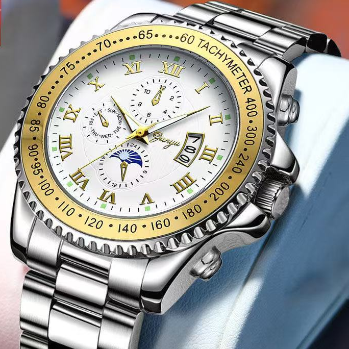 【专柜高版本】-三眼六针白-全新防水夜光男表