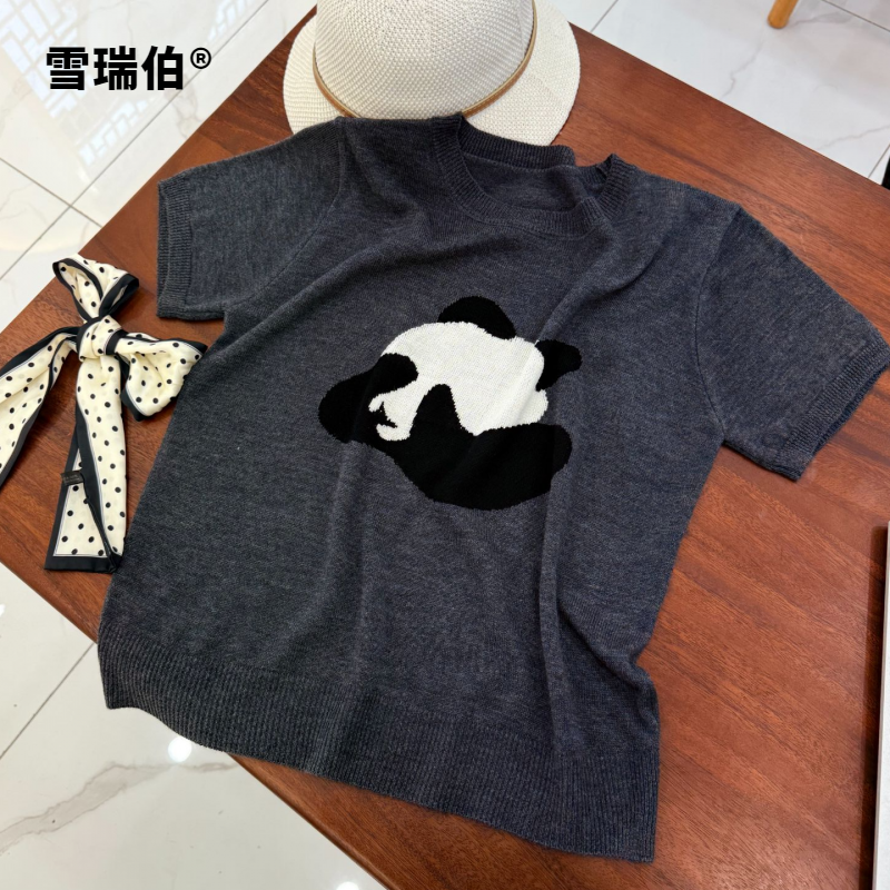 【羊毛桑蚕丝】卡通熊猫经典黑灰针织衫圆领女装打底衫T恤短袖627
