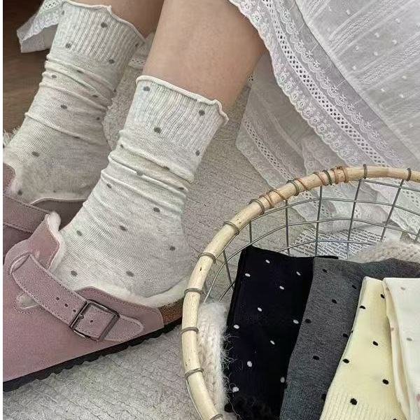 袜子女款中筒耳边秋冬季波点堆堆袜木耳袜子舒适月子花边袜女长袜