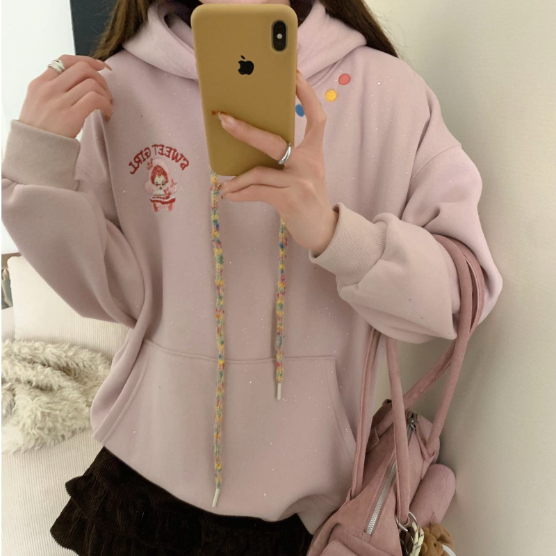 【卷毛美女】3739卷毛女孩卫衣彩点连帽加绒后背刺绣