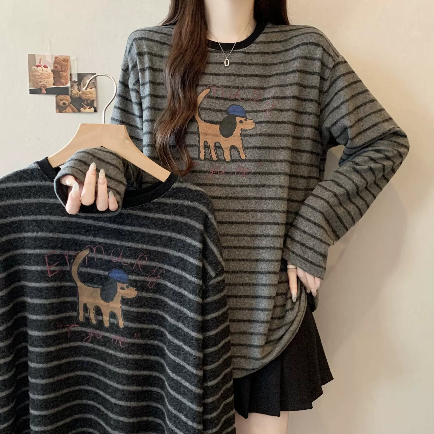 磨毛条纹长袖T恤打底衫女秋款2025大码胖mm显瘦减龄卡通印花上衣
