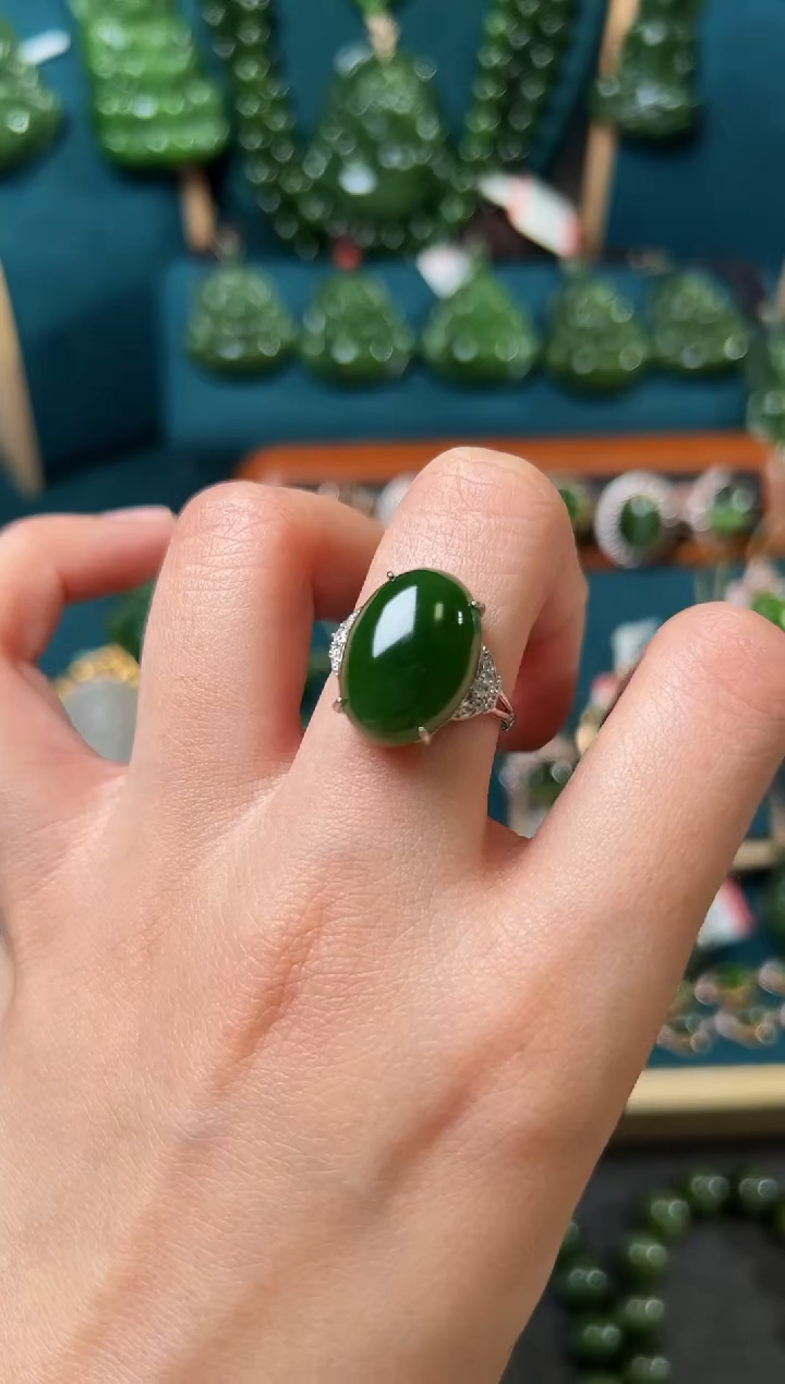 【闪购商品】和田玉（碧玉）戒指银S925镶嵌碧玉