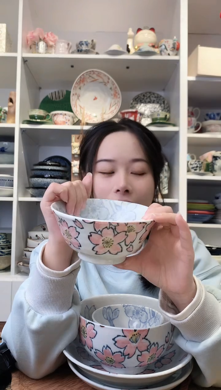 陶瓷美浓烧樱花汤碗14.5cm