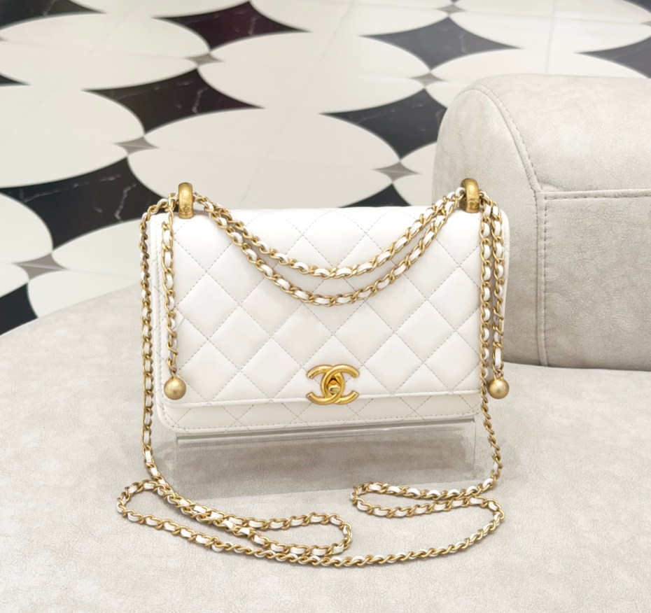 99新 Chanel/香奈儿 GGS香奈儿24c双金珠woc白金牛皮单64375215