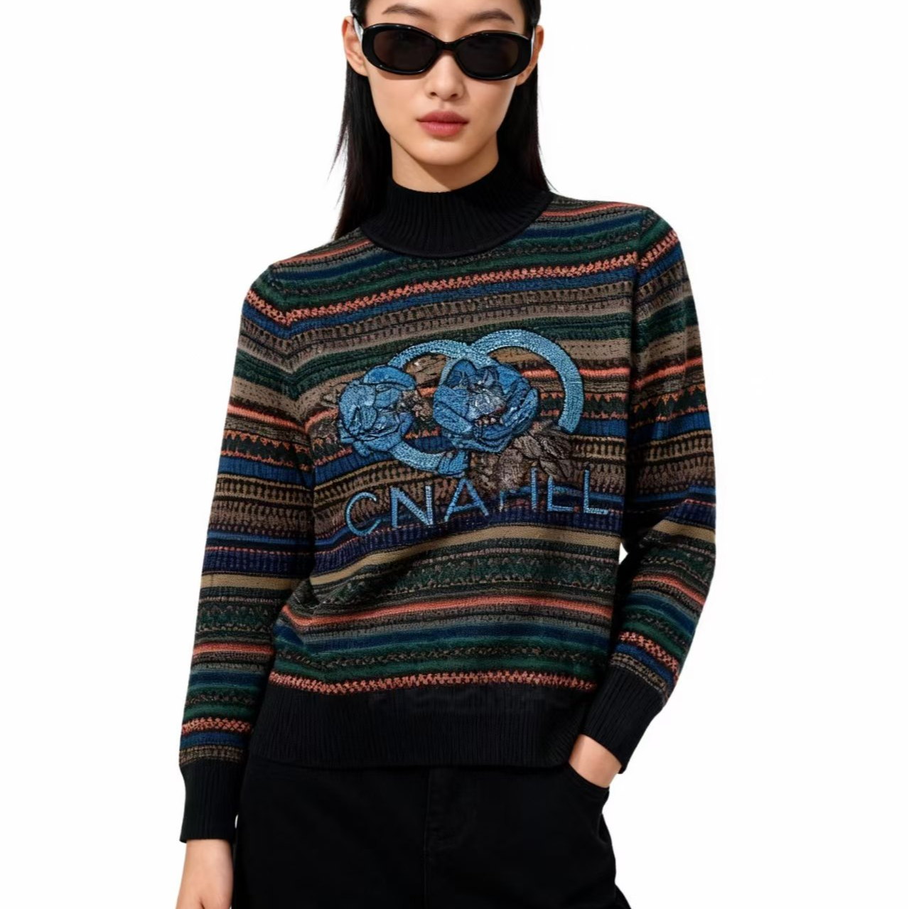 针织保暖条纹毛衣百搭高领针织衫-9647-A338