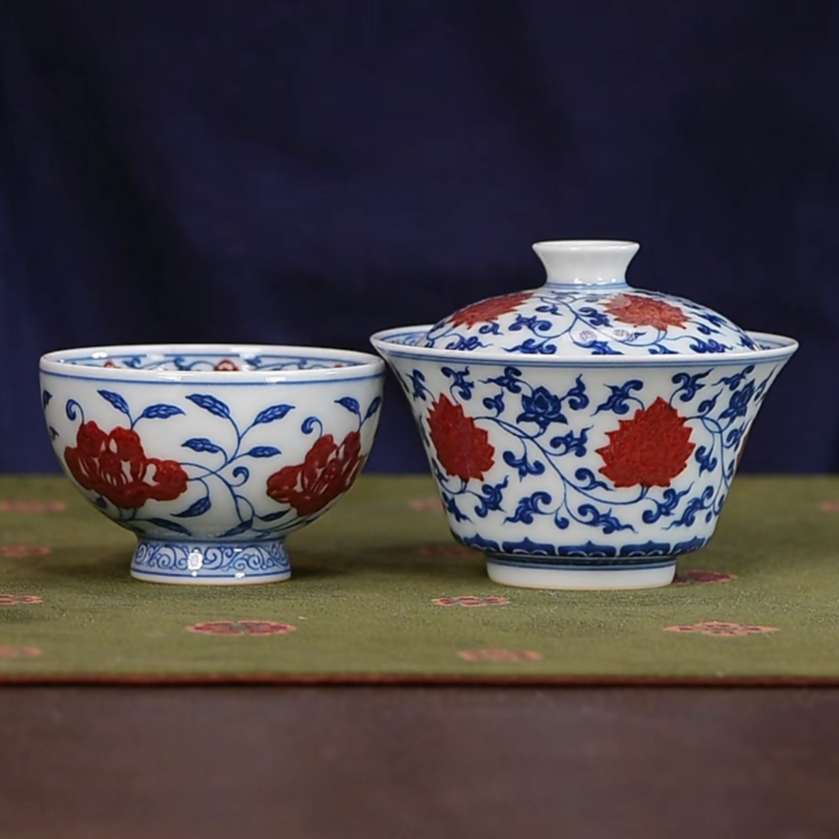 【小乔赏瓷】林涛小馆釉里红缠枝马蹄盖碗+缠枝高足杯ltxg650