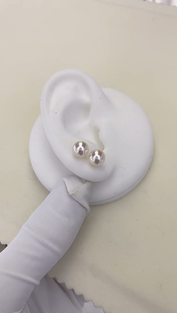 18K金镶嵌耳钉海水珍珠Akoya 耳钉 7-7.5mm 18K金