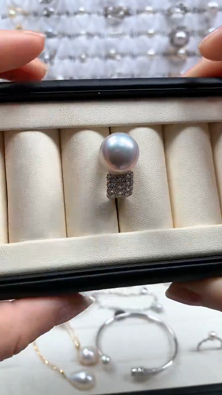 【闪购商品】淡水珍珠戒指银S925镶嵌淡水珍珠开口戒宽版满钻戒指