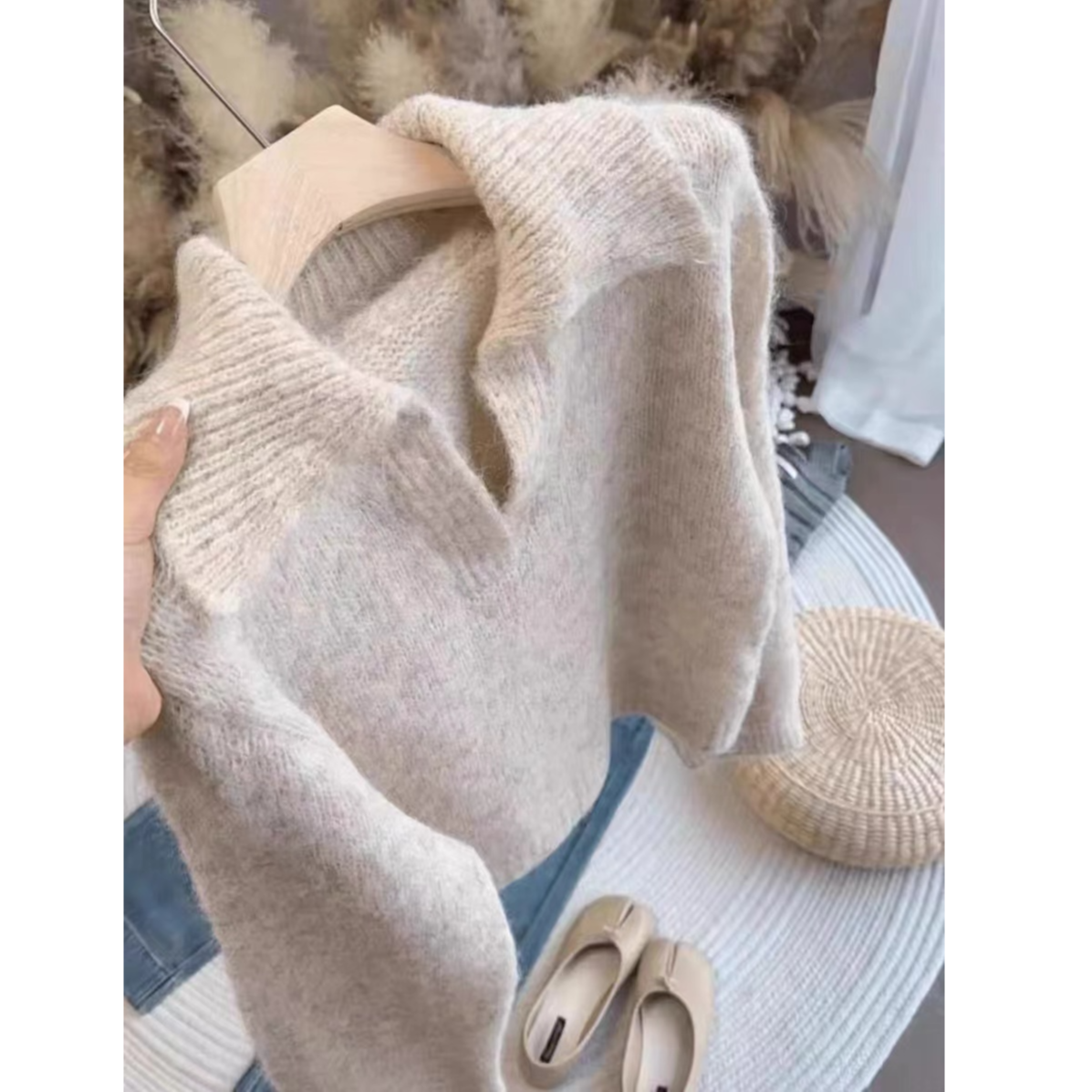 秋冬新款韩版剪刀领纯色网红慵懒风百搭针织衫套头2213