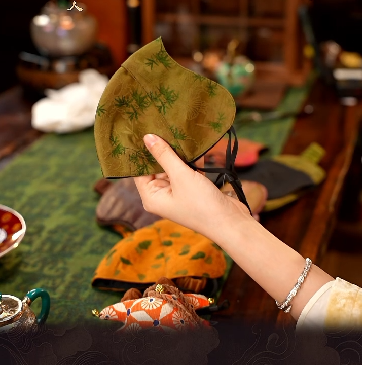 【叁山】【小翠竹】真丝红云纱口罩22*16cm茶道配件-