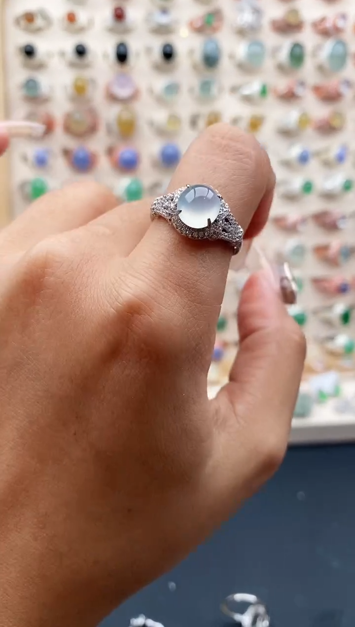 【闪购商品】翡翠戒指银S925镶嵌缅甸天然A货翡翠111  9+8