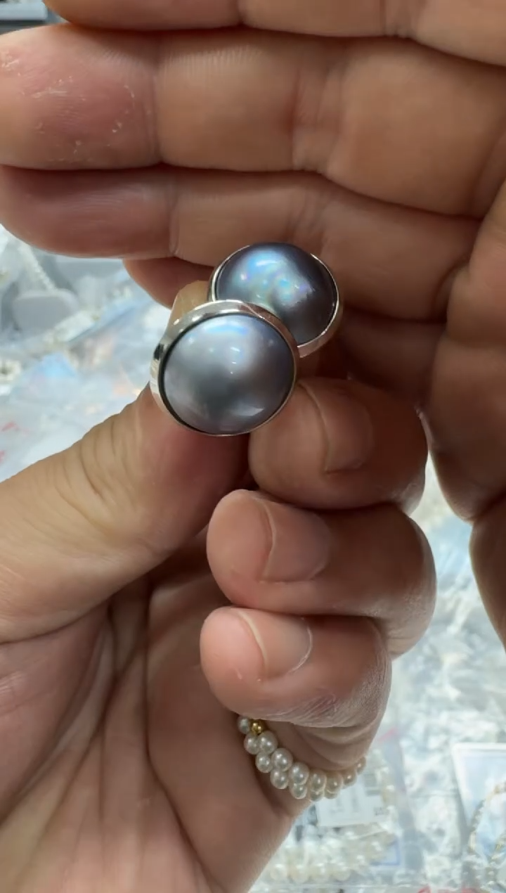 【闪购商品】拼合珍珠（马贝珠）耳钉银S925镶嵌16-17mm