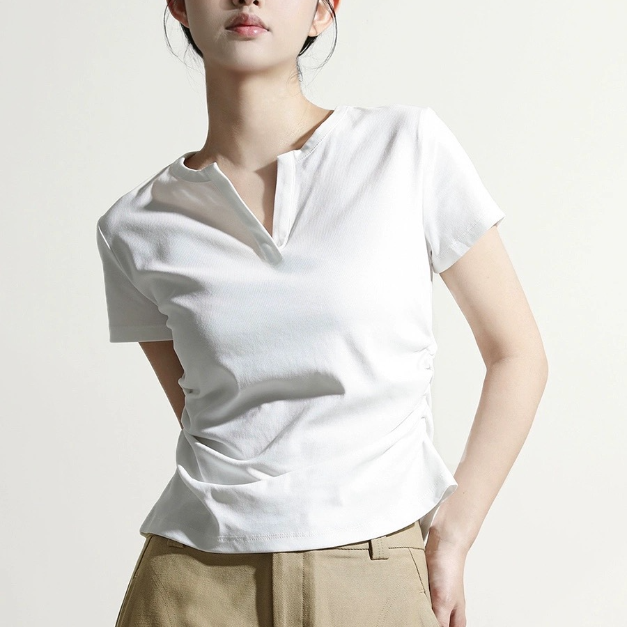 La Chapelle/拉夏贝尔2025新款半开V领显瘦抽褶短袖T恤0486M