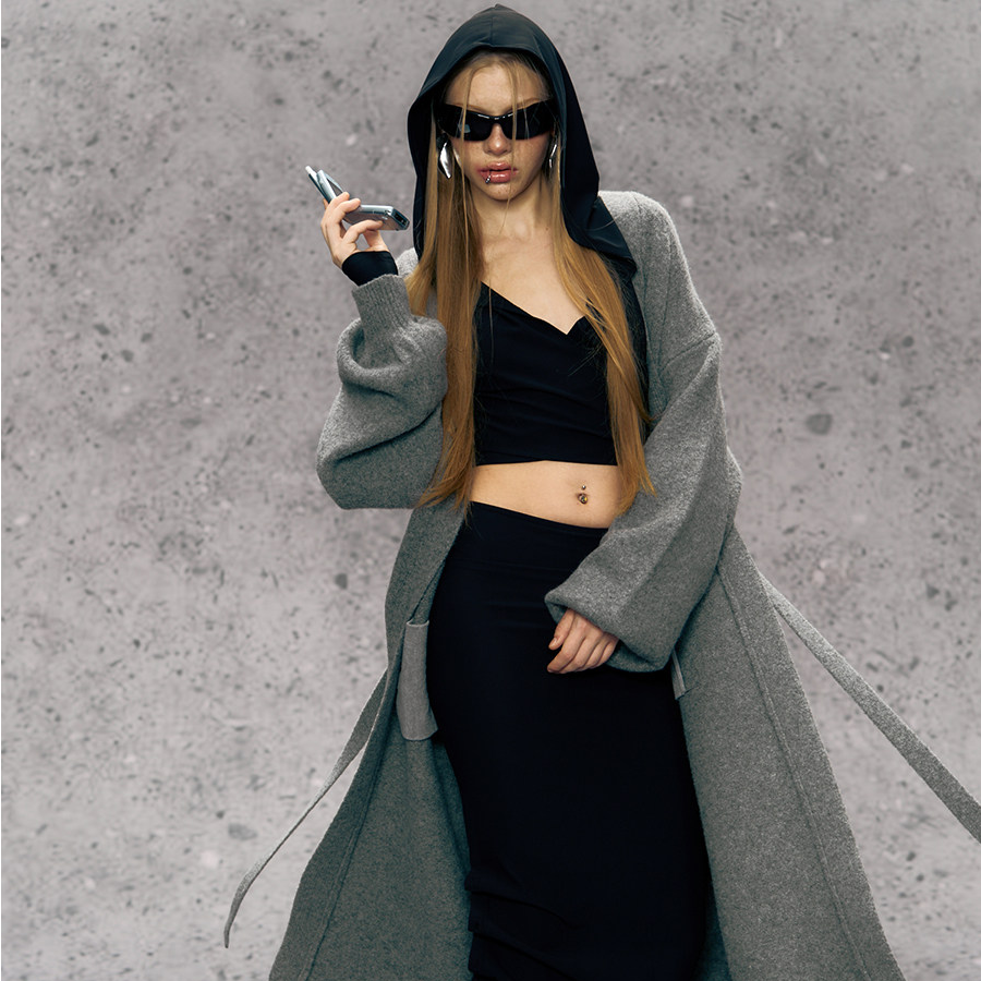 Deleteex-skins系列羊毛慵懒浴袍式长袍含腰带毛衣长款多功能外套