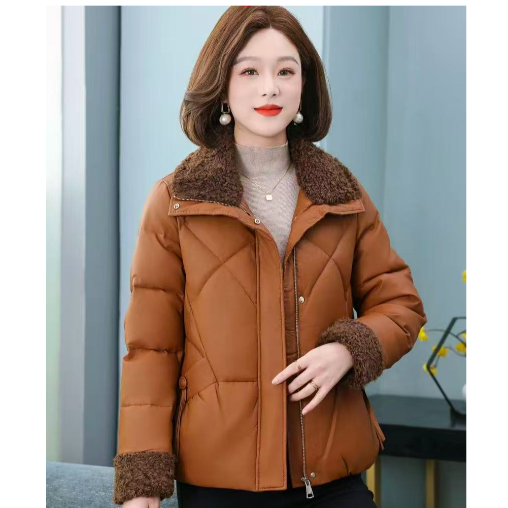秋冬新款时尚洋气休闲百搭宽松显瘦气质妈妈保暖软皮方领棉服2509