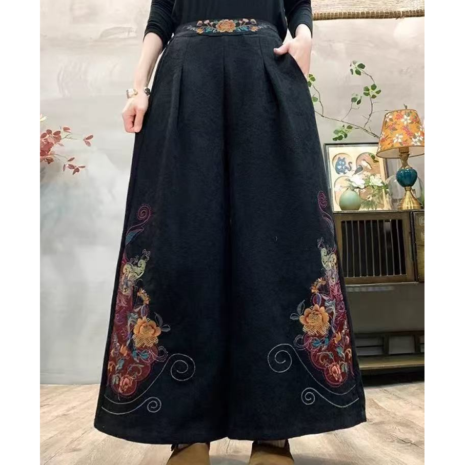 引卷 文艺民族风牡丹刺绣棉麻提花阔腿裤