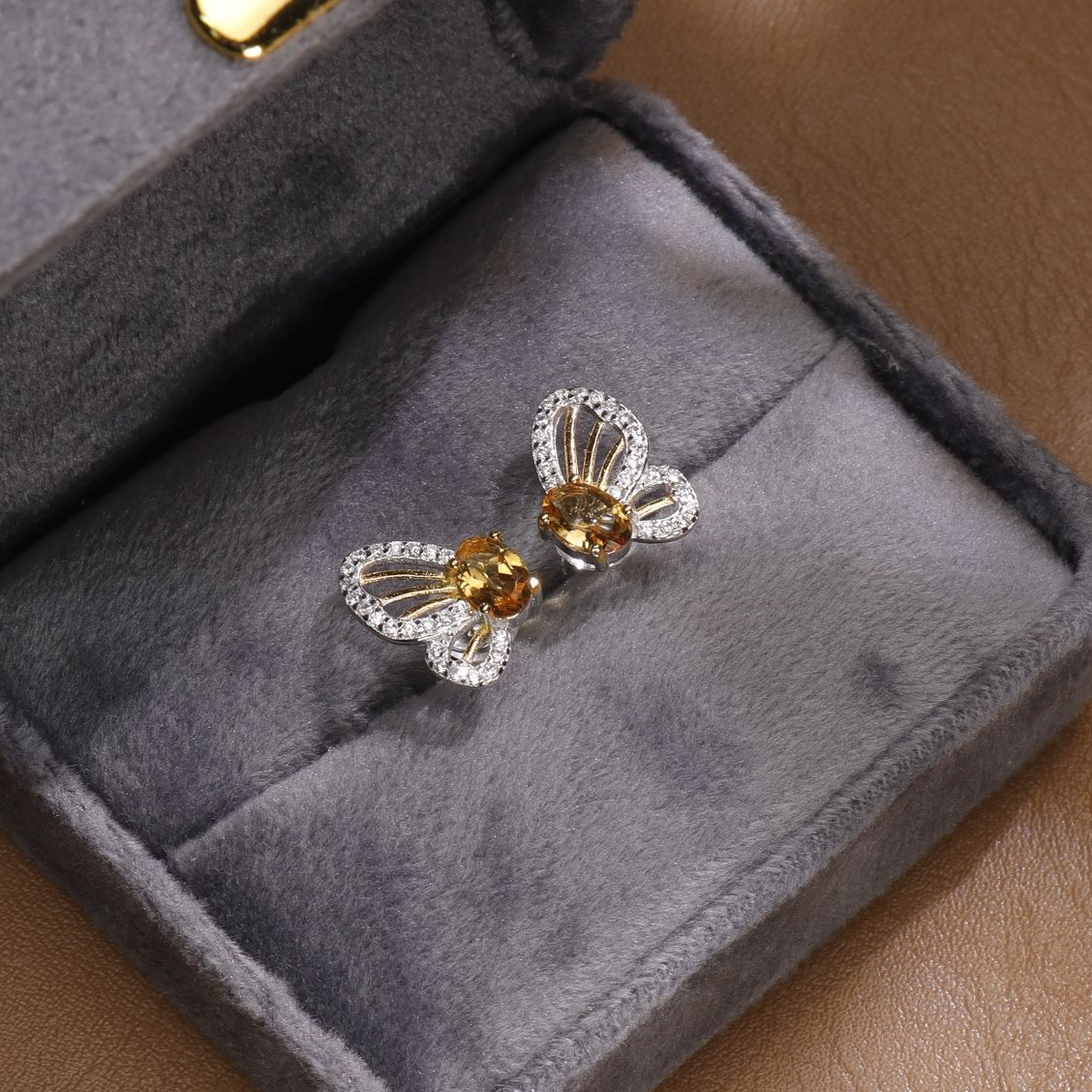 漏价款-天然黄水晶耳钉通体S925银镶嵌银镀金款