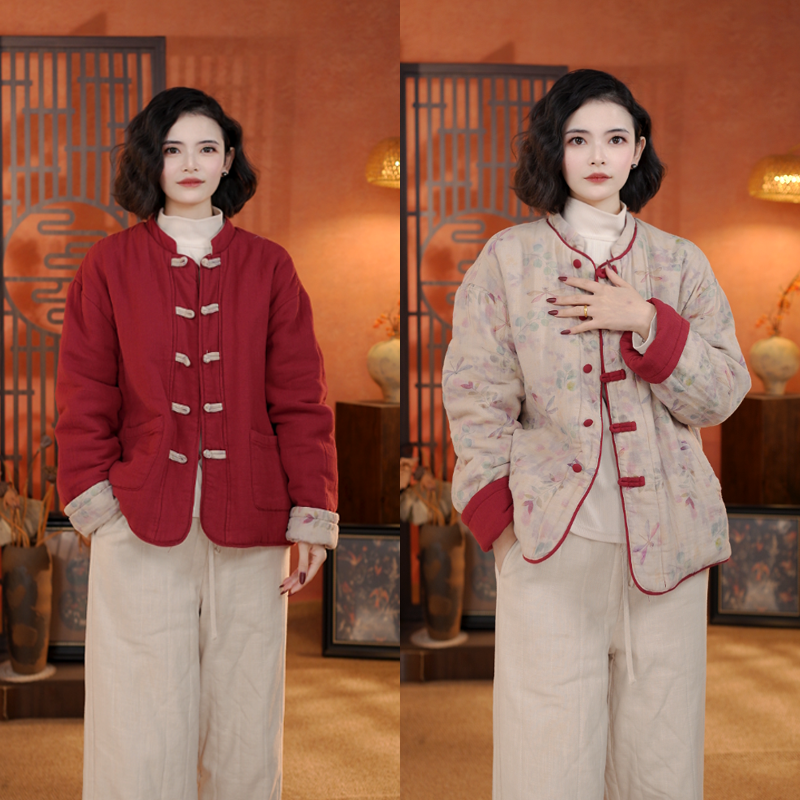 【浅暖】新中式复古国风双面穿显瘦女冬新款上衣短外套棉服6577