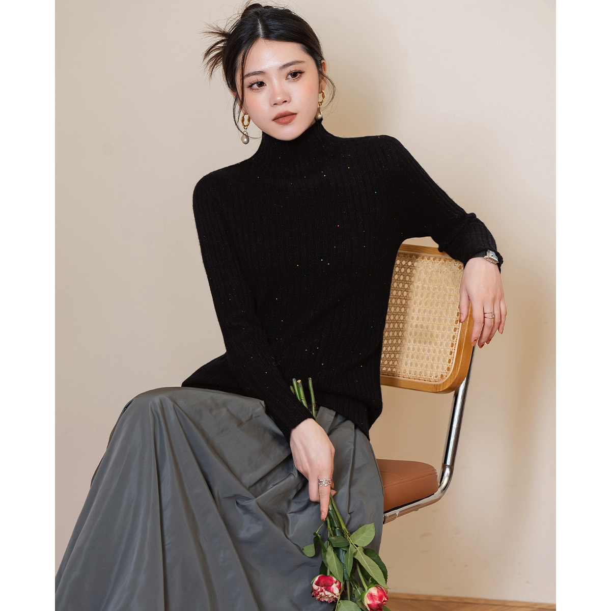 【漫天星空】半高领彩珠片厚款纱羊毛衫24001