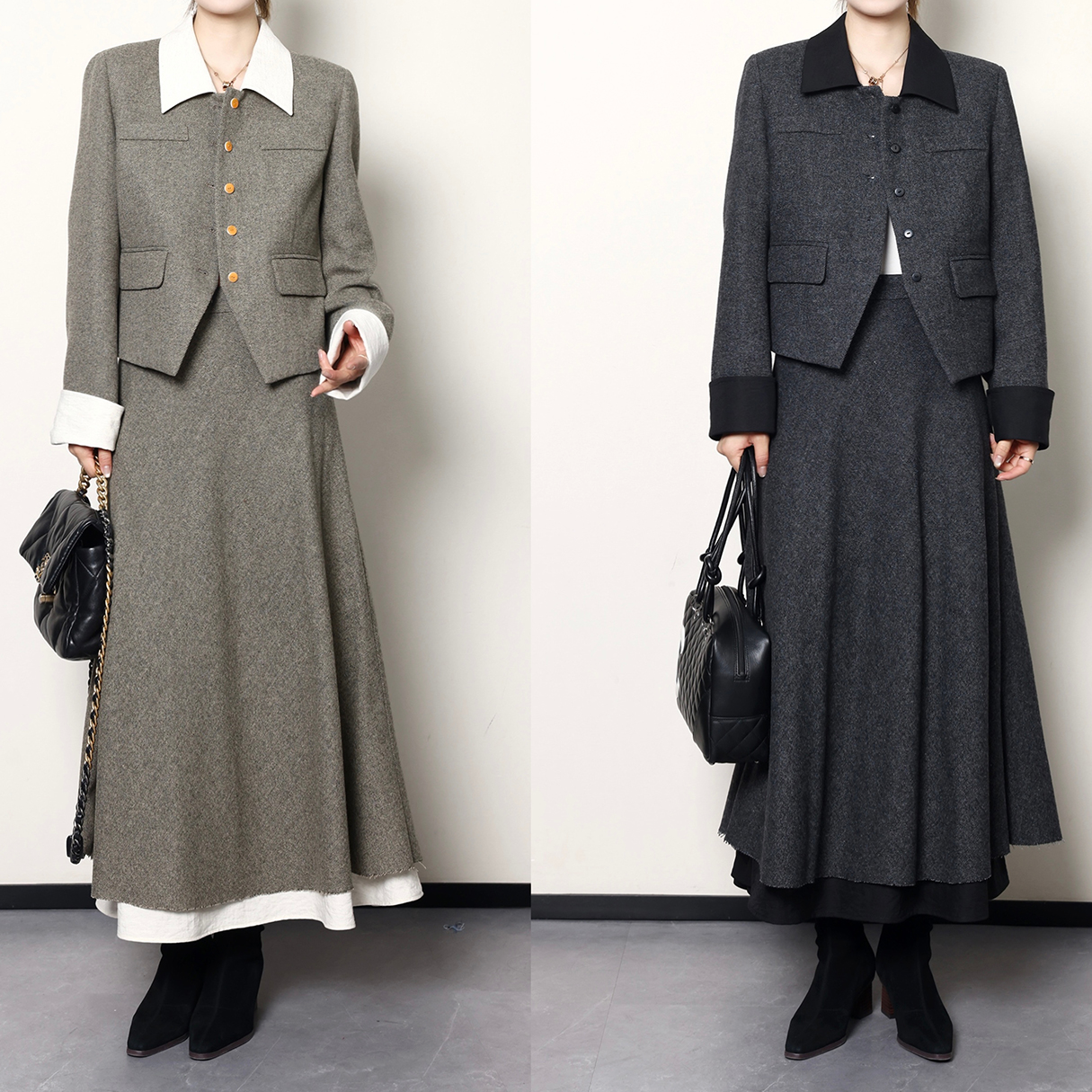 QC裂渡【罗榛日记】微胖大码女秋冬拼接设计感毛呢套装ZY408H27