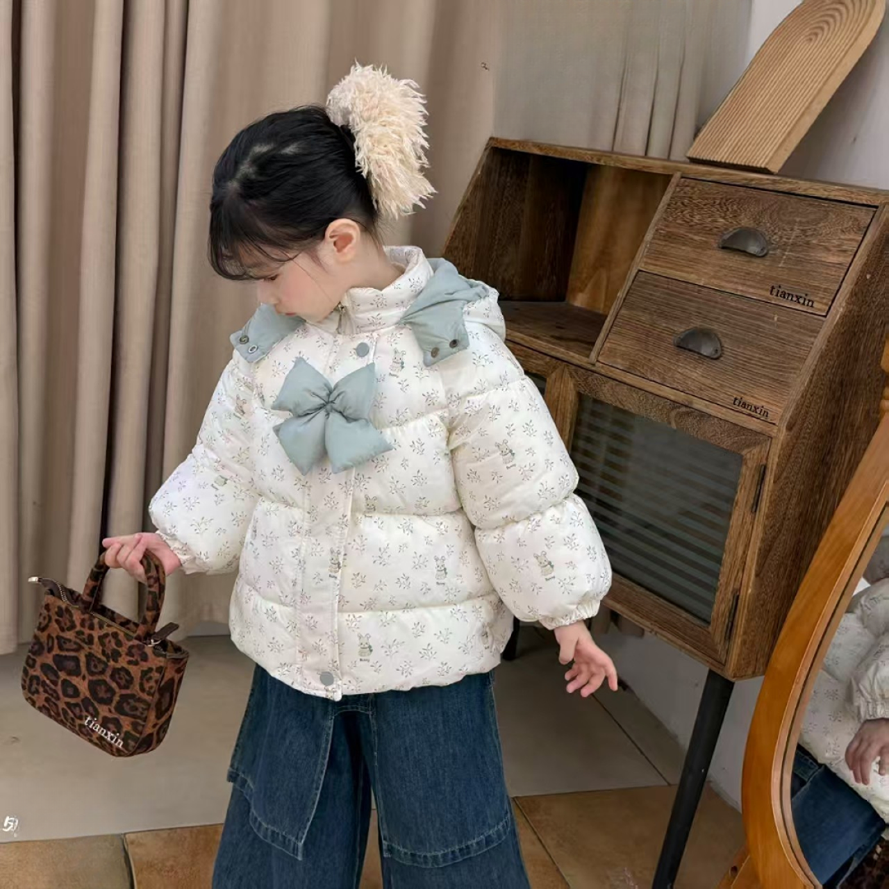 【MU&YAN高定】棉服甜美风加厚棉袄中长款白色碎花冬款122504